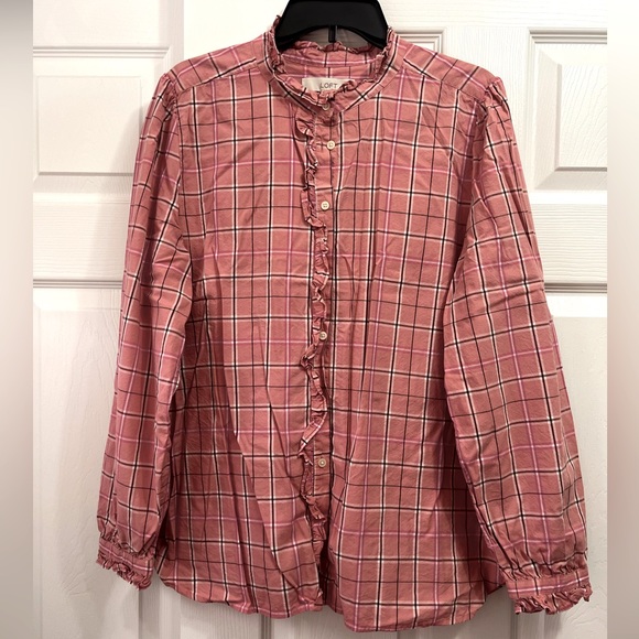 Loft Rose Pink Plaid Ruffle Neck Button Down Long Sleeve Shirt - Picture 10 of 15